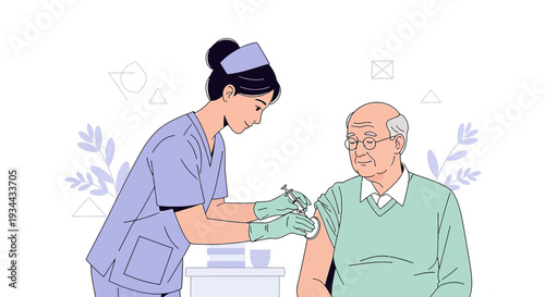 Nurse Administering Vaccine to Senior Man Illustration