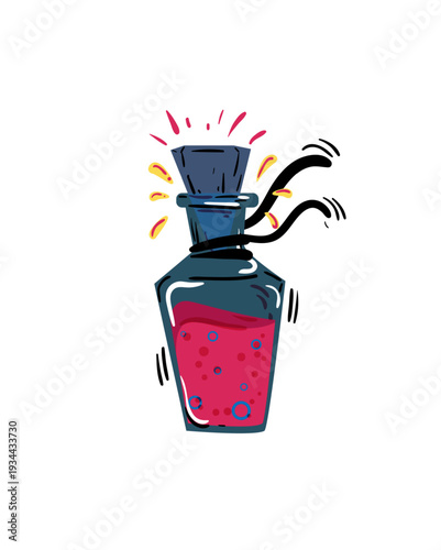 Vector illustration of a pink potion bottle with a cork and ribbon.