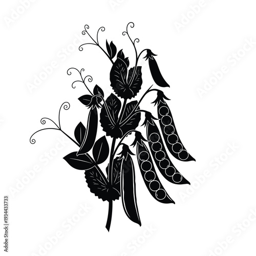 Stylized black silhouette of pea pods and leaves on a white background