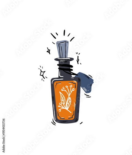 Vector illustration of an orange potion bottle with smoke and a stopper.