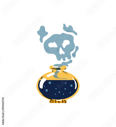 Vector illustration of a potion bottle with a skull and smoke.