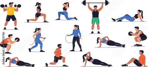 Flat vector collection of diverse people training in gym with dumbbells, barbells, jump ropes, and medicine balls performing lunges, squats, and side planks.