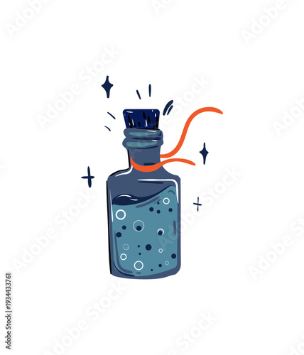 Vector illustration of a blue potion bottle with a plus sign and sparkles.