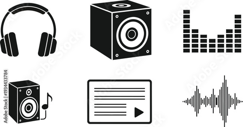 Music Icons: Headphones, Speaker, Equalizer, Sound Wave, Playlist