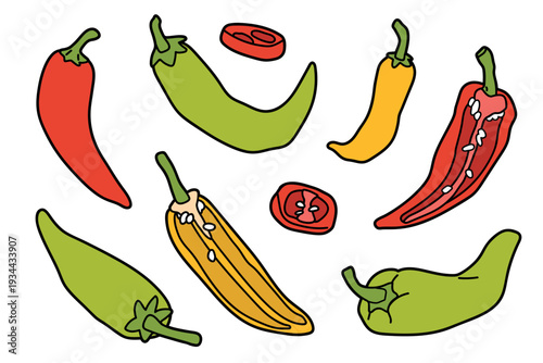 Set of cartoon colorful chilli peppers in different views, flat illustration. Hand drawn capsicum whole and sliced, isolated on white background for menu or food design.