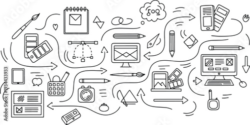 Extensive collection of creative black ink sketchy pointers decorative swirls and artistic design elements hand-drawn doodle or clipart illustration Arrow icon set