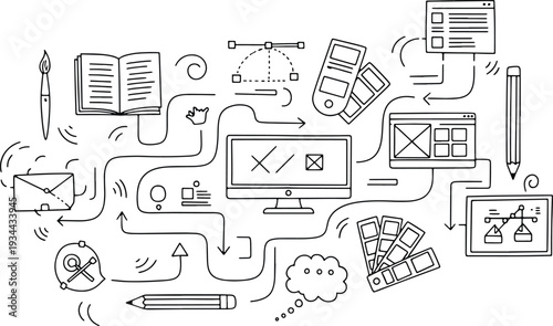 Creative digital design process workflow with graphic art tools and website development elements hand drawn doodle