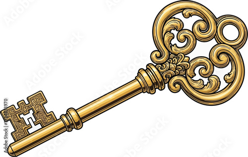 Ornate antique gold key with elaborate scrollwork design rests diagonally.