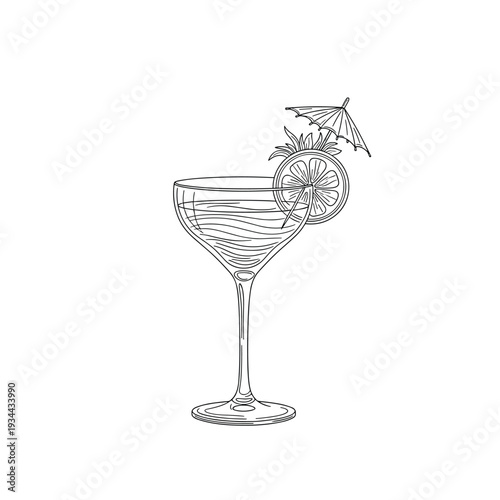 Elegant line art drawing of a tropical cocktail with citrus garnish and umbrella