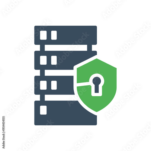 Secure server rack with a green shield and keyhole icon symbolizing data protection and cybersecurity.