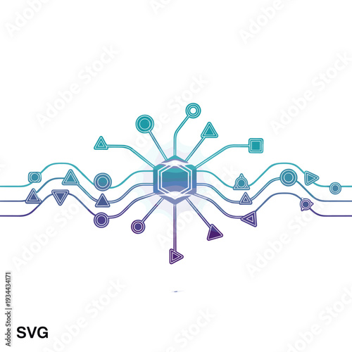 Abstract digital network illustration with central hexagon connecting to various geometric shapes via wavy lines, representing data flow or technology.