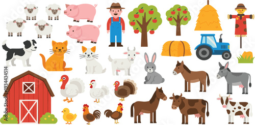 Organic farm life vector set with cute domestic animals, red barn, farmer, tractor, apple trees, sheep, pigs, cows, and poultry for agricultural education.