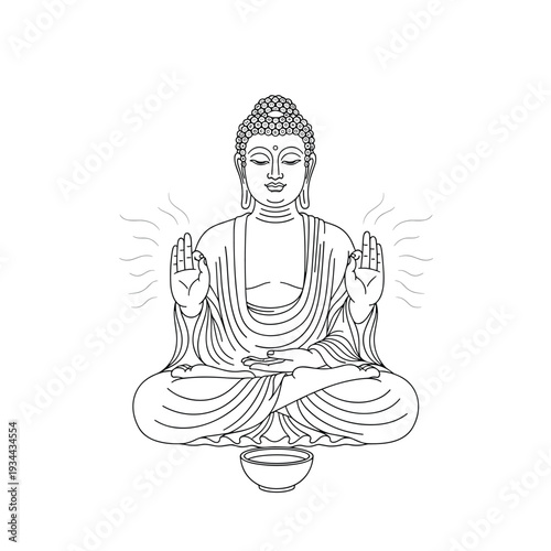 Meditating Buddha in lotus position with hands raised and a bowl below, line art illustration
