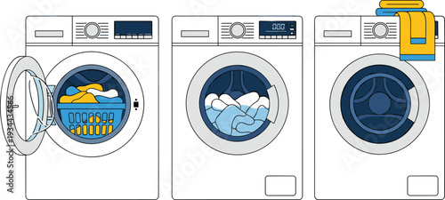 Front loading washing machines with laundry inside vector illustration set