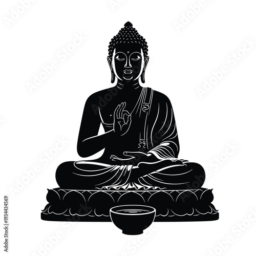 Silhouette of Buddha meditating in lotus position on a lotus flower base with a bowl