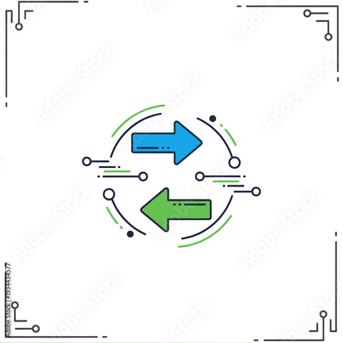 Circular arrows indicating data exchange, transfer, or synchronization process in a technological context.