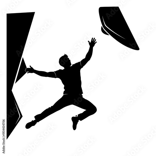 Silhouette of a Boulderer Dyno Jump, Leaping for Hold in Dynamic Rock Climbing Action