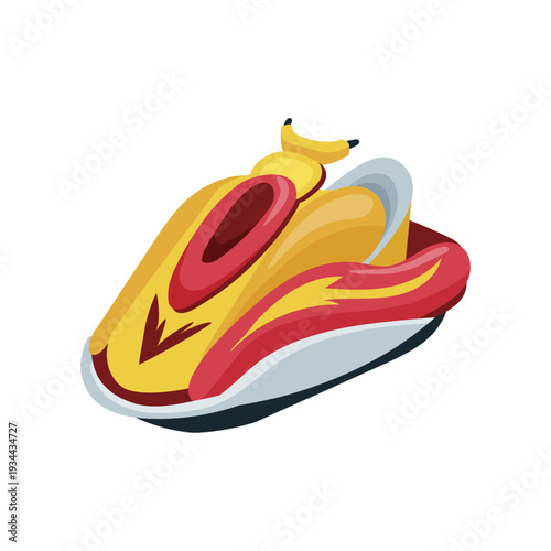 Vector illustration of a red and yellow jet ski on water.