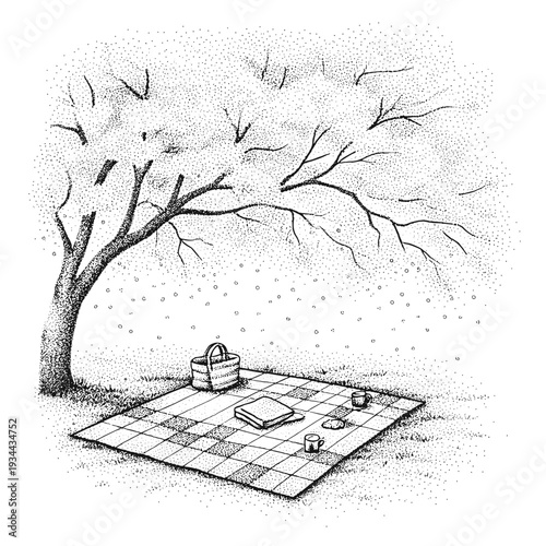 Charming stippled illustration of a solitary picnic setup under a bare tree with falling petals