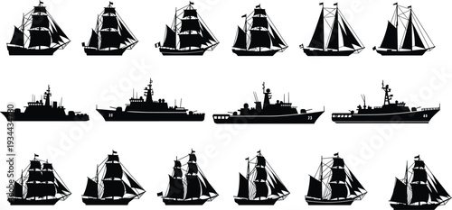 Collection of sailing ships and naval warships silhouettes, vintage maritime vessels set, black nautical transport icons isolated on white background
