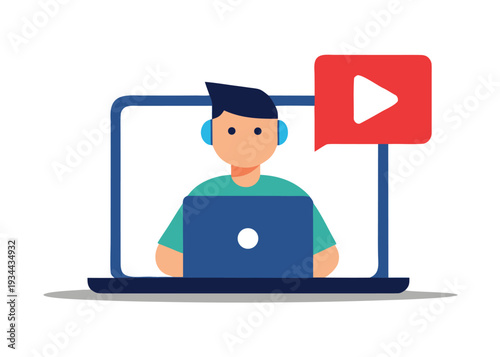 Young man wearing headphones using laptop with youtube icon isolated on white background, Vector