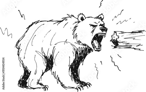 Roaring bear sketch with aggressive stance and roaring mouth showing sharp teeth near broken log