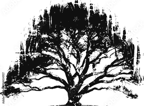 Black ink tree silhouette with sprawling branches on white background, abstract nature illustration