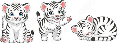 Cute white tiger cub cartoon set, adorable baby tiger characters sitting playing and sleeping isolated on white background
