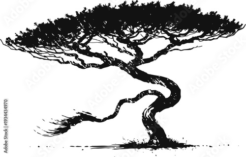 Stylized silhouette of a twisted tree with sprawling branches isolated on white background