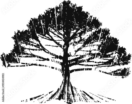 Large artistic tree silhouette with spreading branches and roots design