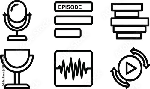 Podcast Icons Set: Microphone, Episode List, Audio Waveform, Play Button