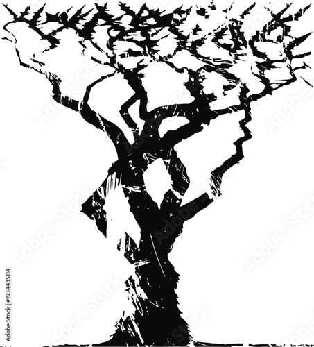 Abstract black and white tree silhouette with jagged branches and textured trunk