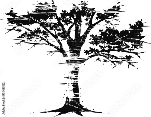 Grunge black tree silhouette with textured uneven branches and roots isolated on white