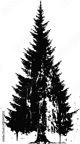 Black ink pine tree silhouette with splattered paint effect, artistic natural forest design