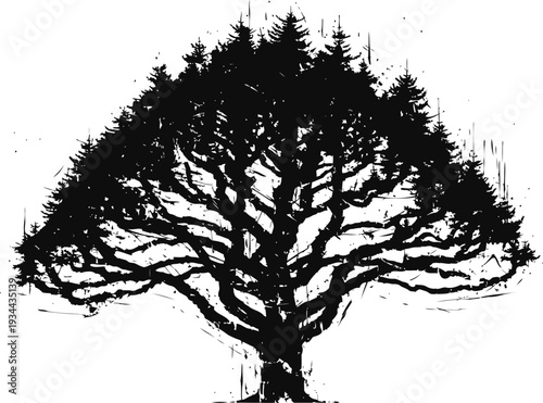 Silhouette of a large leafy tree with spreading branches and dense foliage, isolated on white background