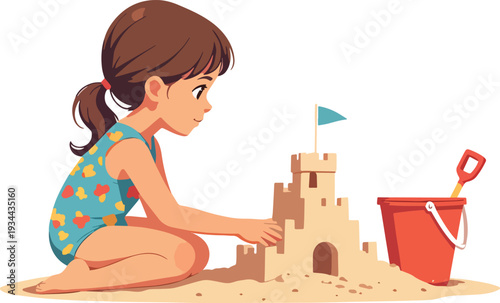 bambina sulla sabbia mentre costruisce un castello e gioca in riva al mare estate in costume da bagno vettoriale 