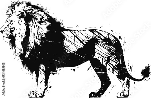 silhouette of a lion with a rooster inside, black and white animal double exposure art