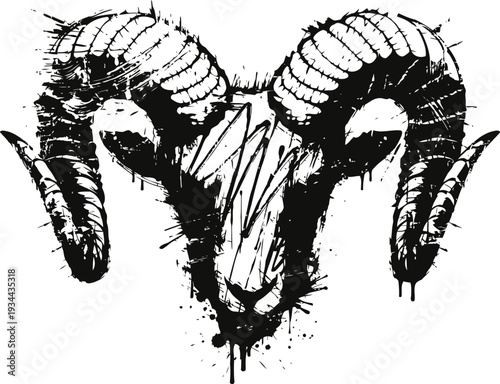 Grunge ram skull illustration with curled horns and splatter ink design on white background