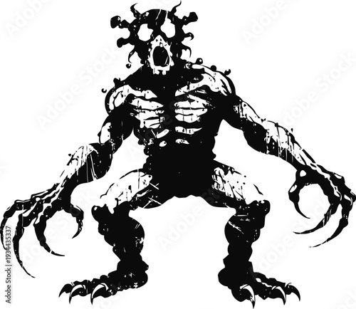 dark monstrous creature with elongated claws and gaping mouth silhouette, horror fantasy illustration