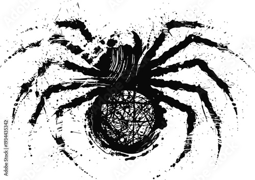 Grunge black spider silhouette with detailed legs and textured body on white background for halloween design