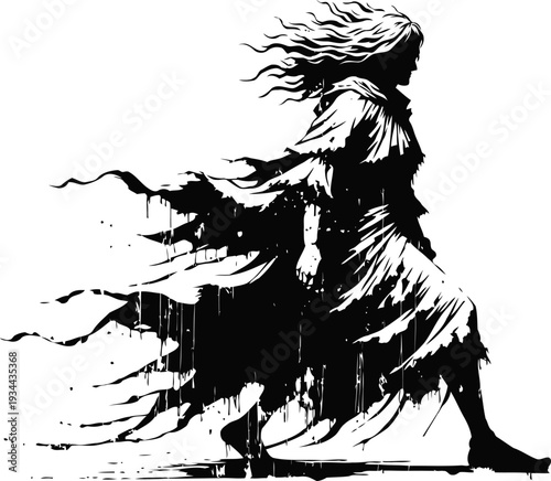 silhouette of a flowing ghostly woman with tattered dress and wind swept hair walking forward