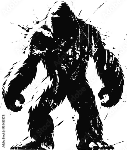 silhouette of bigfoot creature with muscular arms and fur texture in abstract ink splash