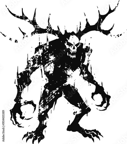 dark forest monster silhouette with antlers and skull face, spooky demon creature artwork
