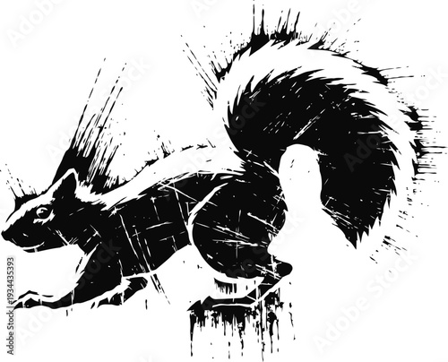 Black silhouette of a squirrel with bushy tail on white background wildlife nature animal illustration