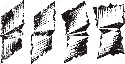 ripped paper edges with torn, jagged, and textured black ink brush strokes isolated on white background