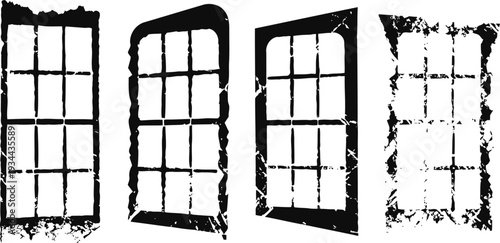 Set of four black vintage window silhouettes with different frame styles and wear effects isolated on white