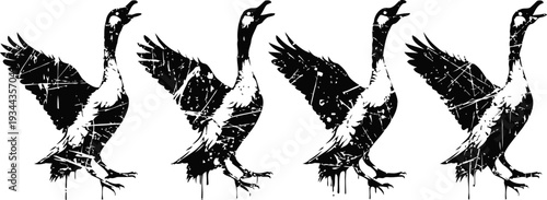stylized black and white goose silhouettes with grunge texture and splatter effects, set in dynamic wing flapping poses