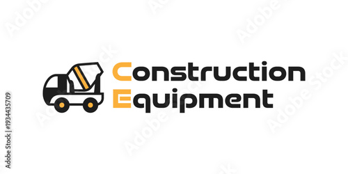 Vector linear logo of construction equipment with a concrete mixer icon. Black, white, and orange colors.