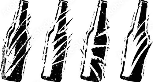 Four black and white grunge beer bottles silhouette set with distressed texture