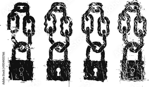 Rustic vintage padlocks with heavy chains in distressed grunge style, security and protection concept